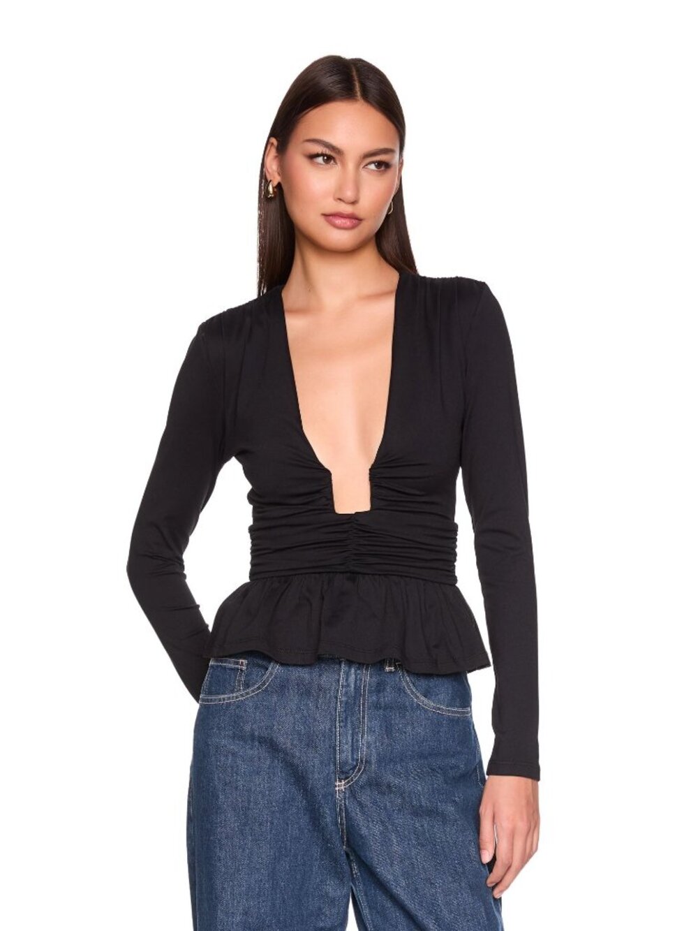 SM-20. Susana Monaco Square Wire Long Sleeve Peplum Top Black